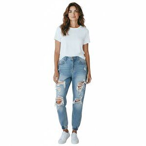 Shein Womens Large Light Wash Blue Distressed Destroyed Denim Jeans Jogger Pants